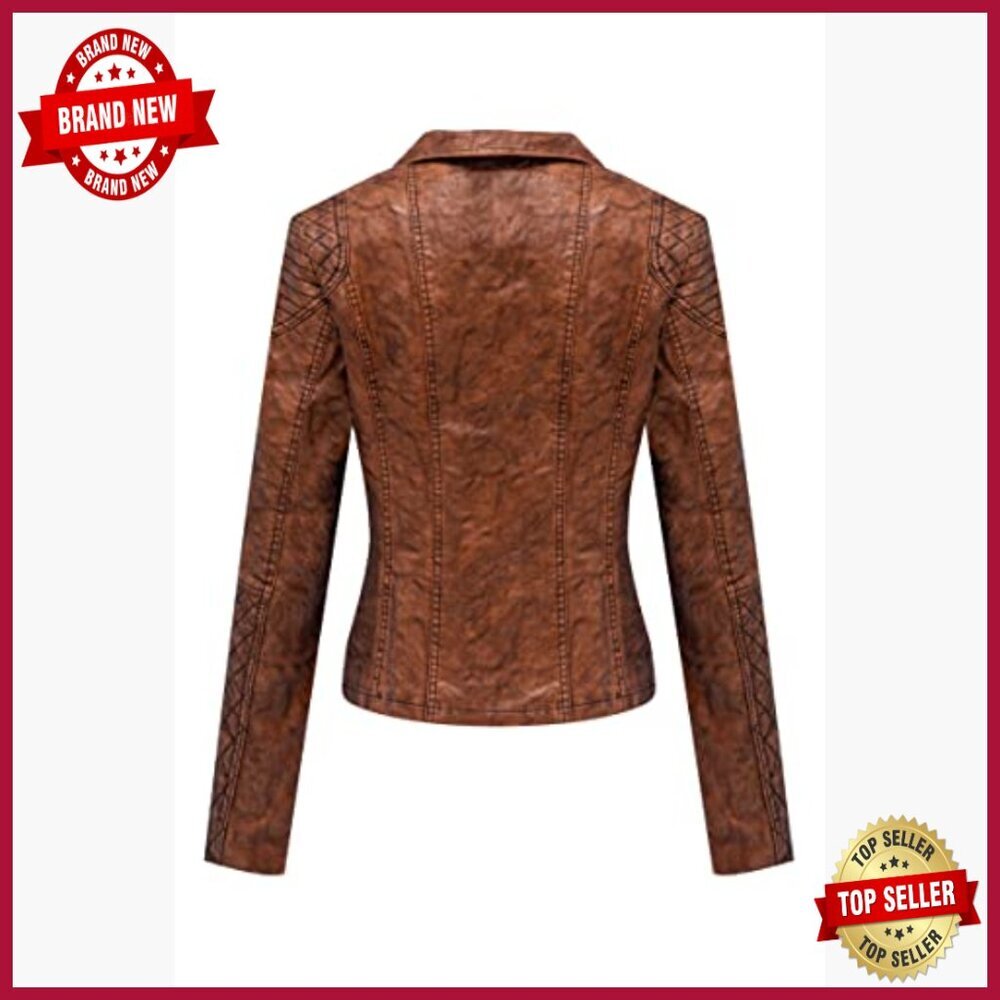 Faux Leather Motorcycle Jacket Slim Fit Long Sleeve Zipper Pockets - Picture 2 of 7